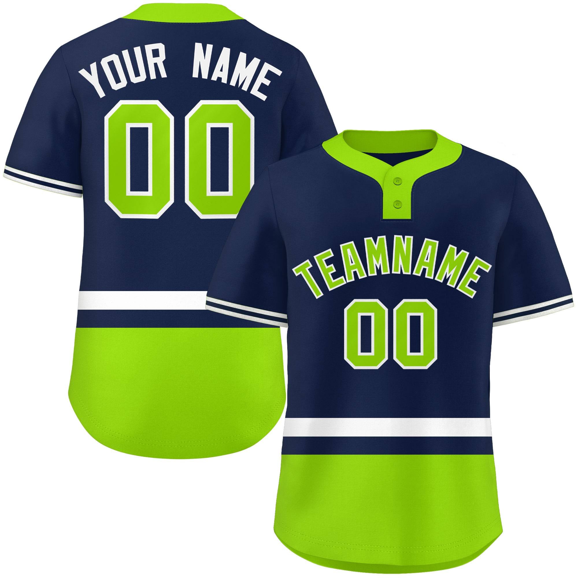 Custom Navy White-Neon Green Color Block Personalized Authentic Two-Button Baseball Jersey