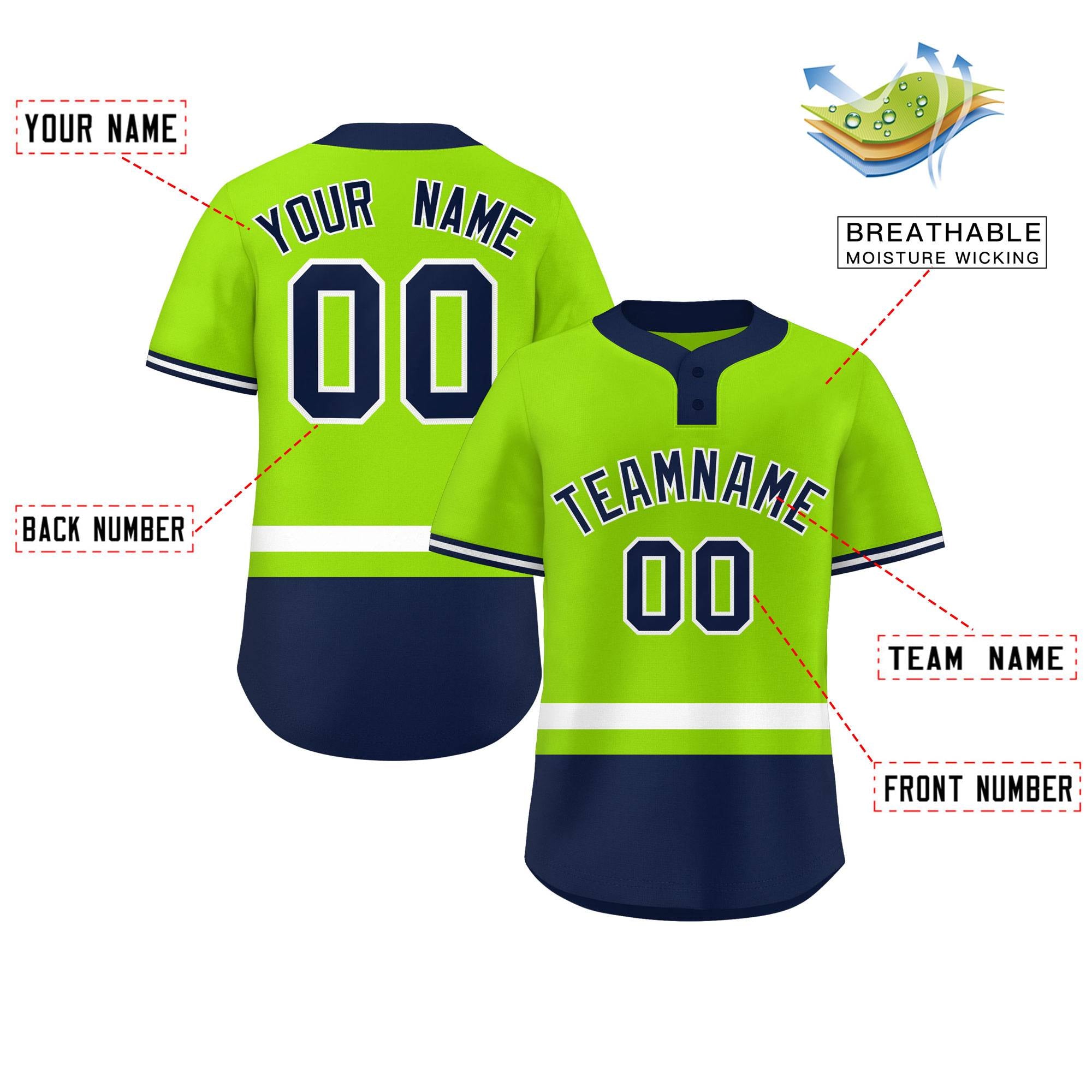 Custom Neon Green White-Navy Color Block Personalized Authentic Two-Button Baseball Jersey