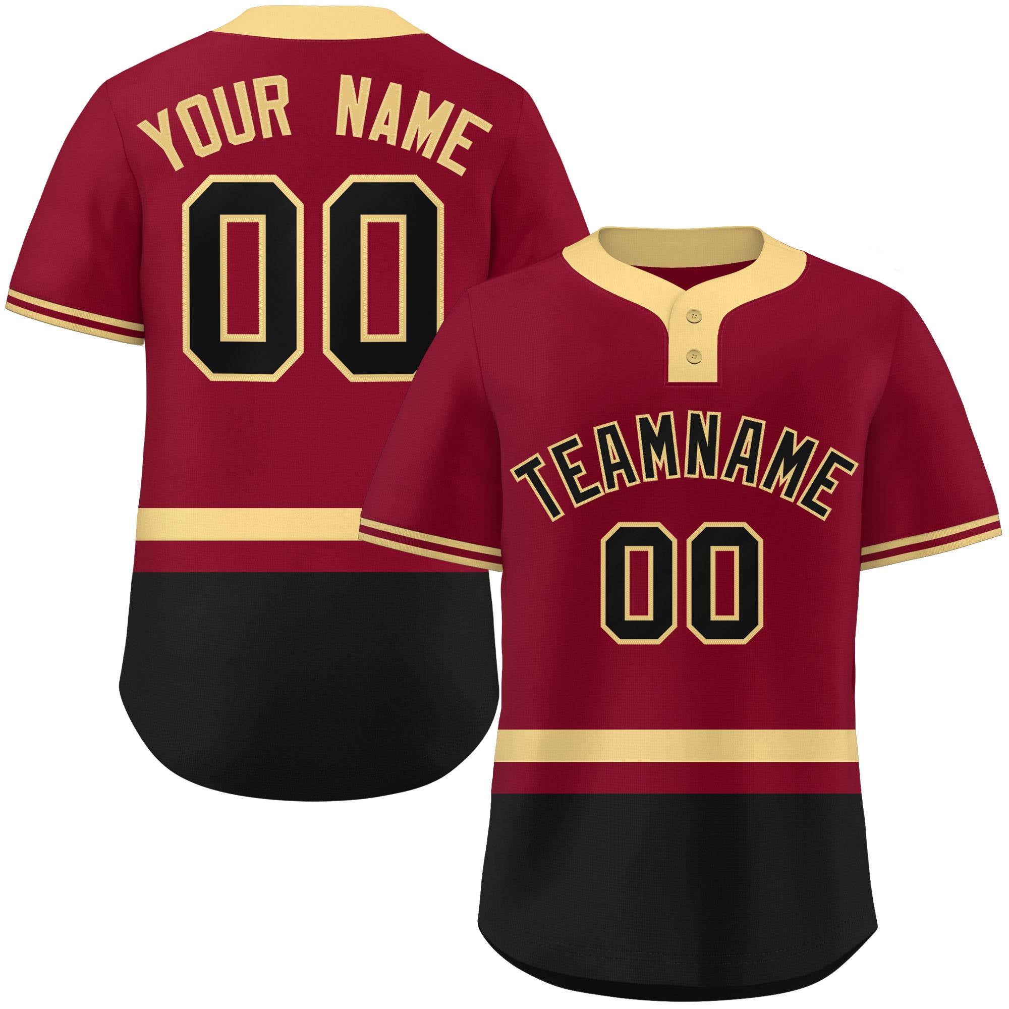 Custom Crimson Khaki-Black Color Block Personalized Authentic Two-Button Baseball Jersey