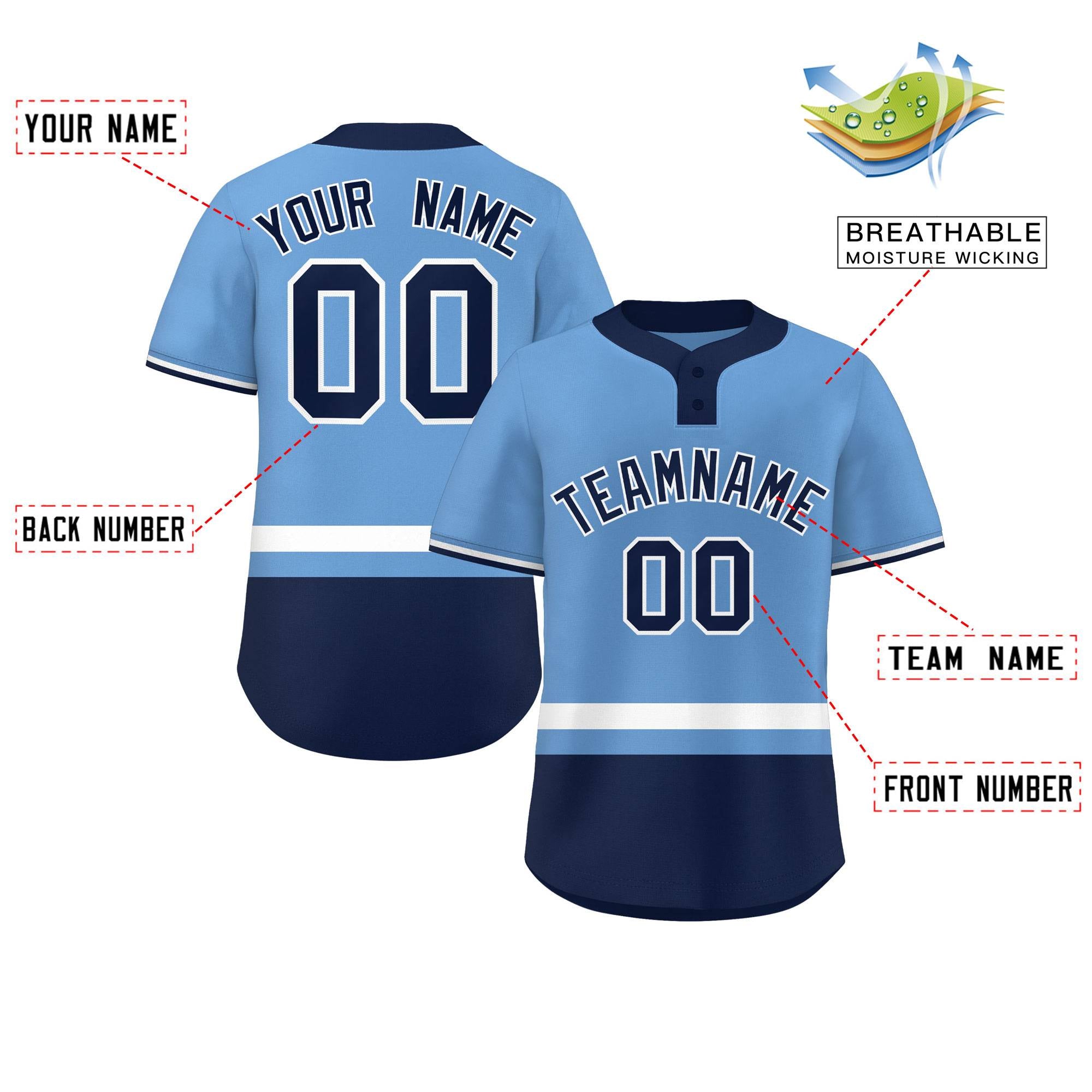 Custom Light Blue White-Navy Color Block Personalized Authentic Two-Button Baseball Jersey