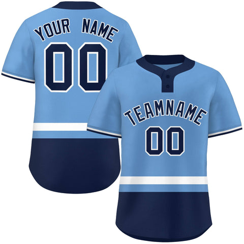 Custom Light Blue White-Navy Color Block Personalized Authentic Two-Button Baseball Jersey