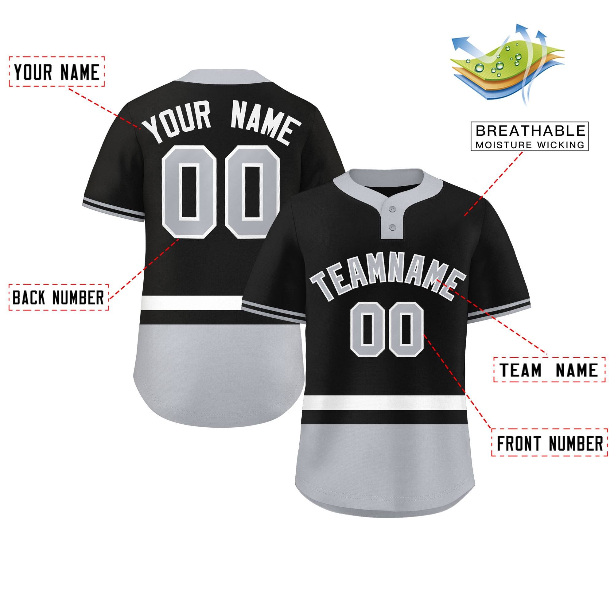 Custom Black White-Gray Color Block Personalized Authentic Two-Button Baseball Jersey