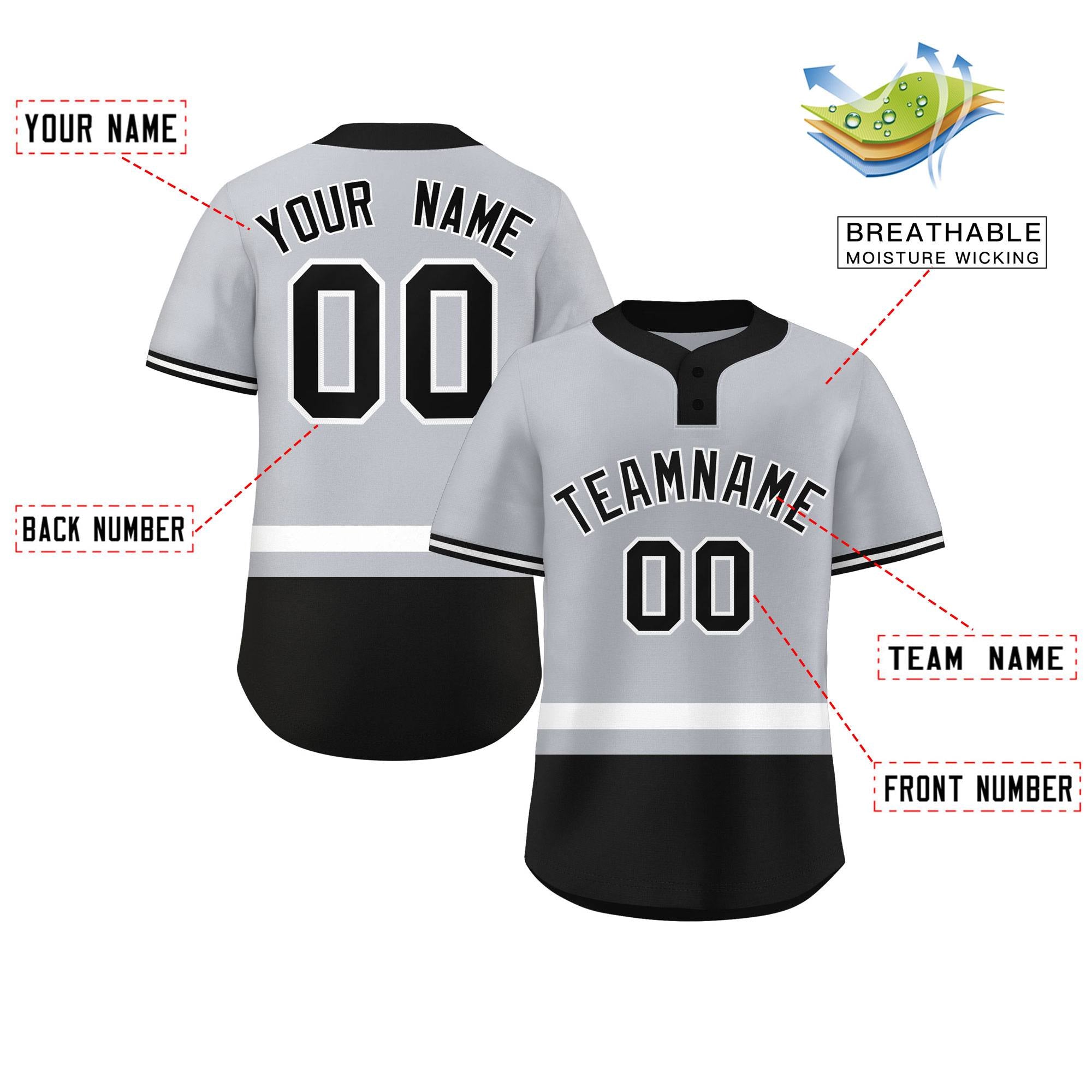 Custom Gray White-Black Color Block Personalized Authentic Two-Button Baseball Jersey