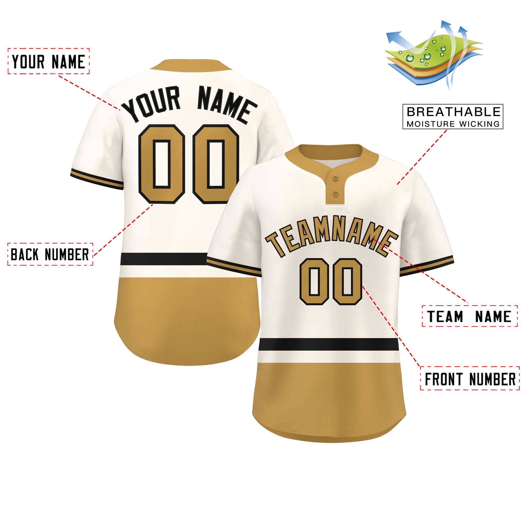 Custom Cream Black-Old Gold Color Block Personalized Authentic Two-Button Baseball Jersey