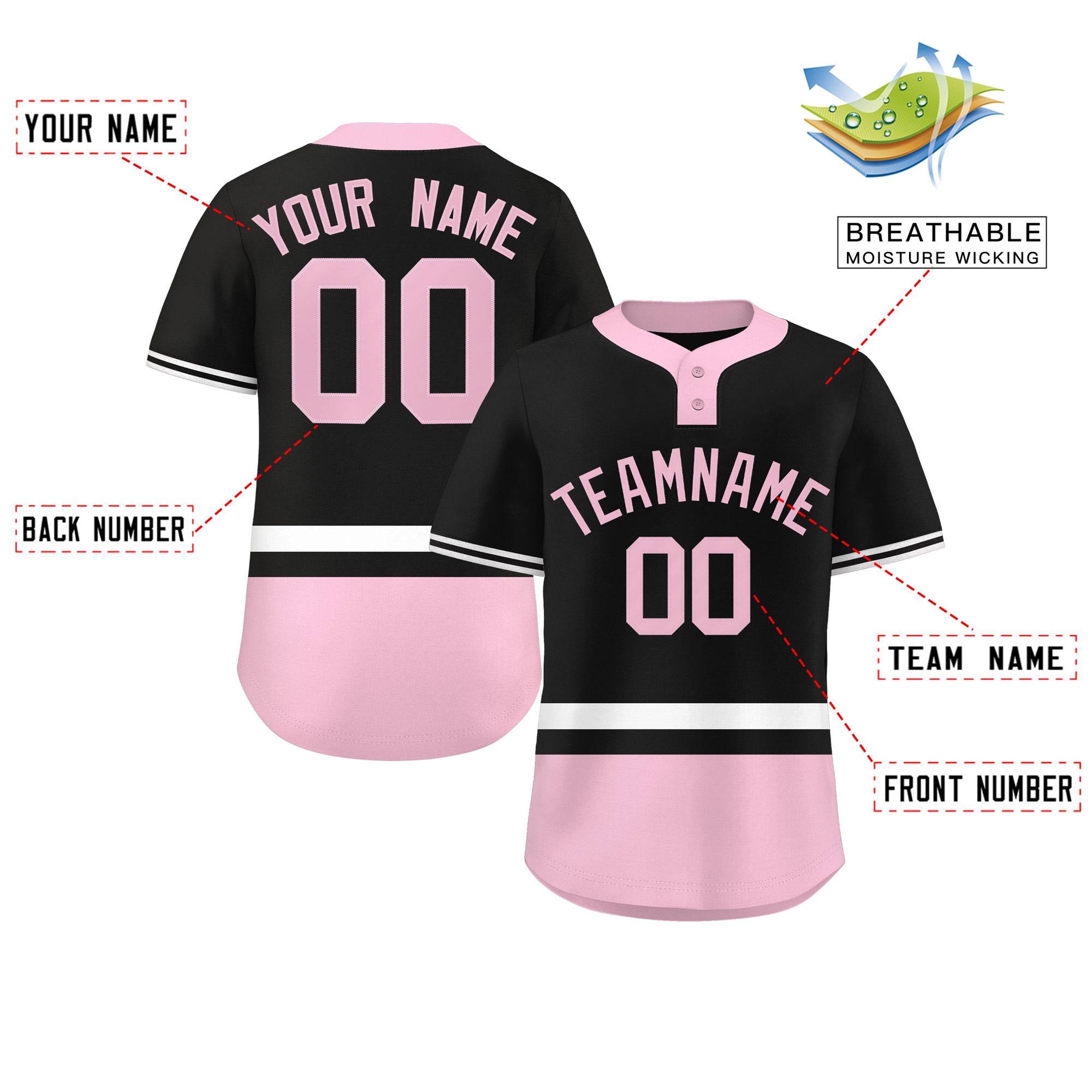 Custom Black White-Lt Pink Color Block Personalized Authentic Two-Button Baseball Jersey