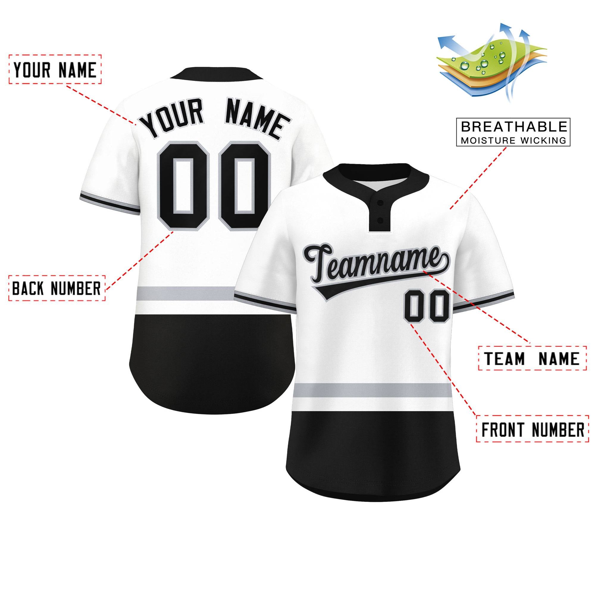 Custom White Gray-Black Color Block Personalized Authentic Two-Button Baseball Jersey