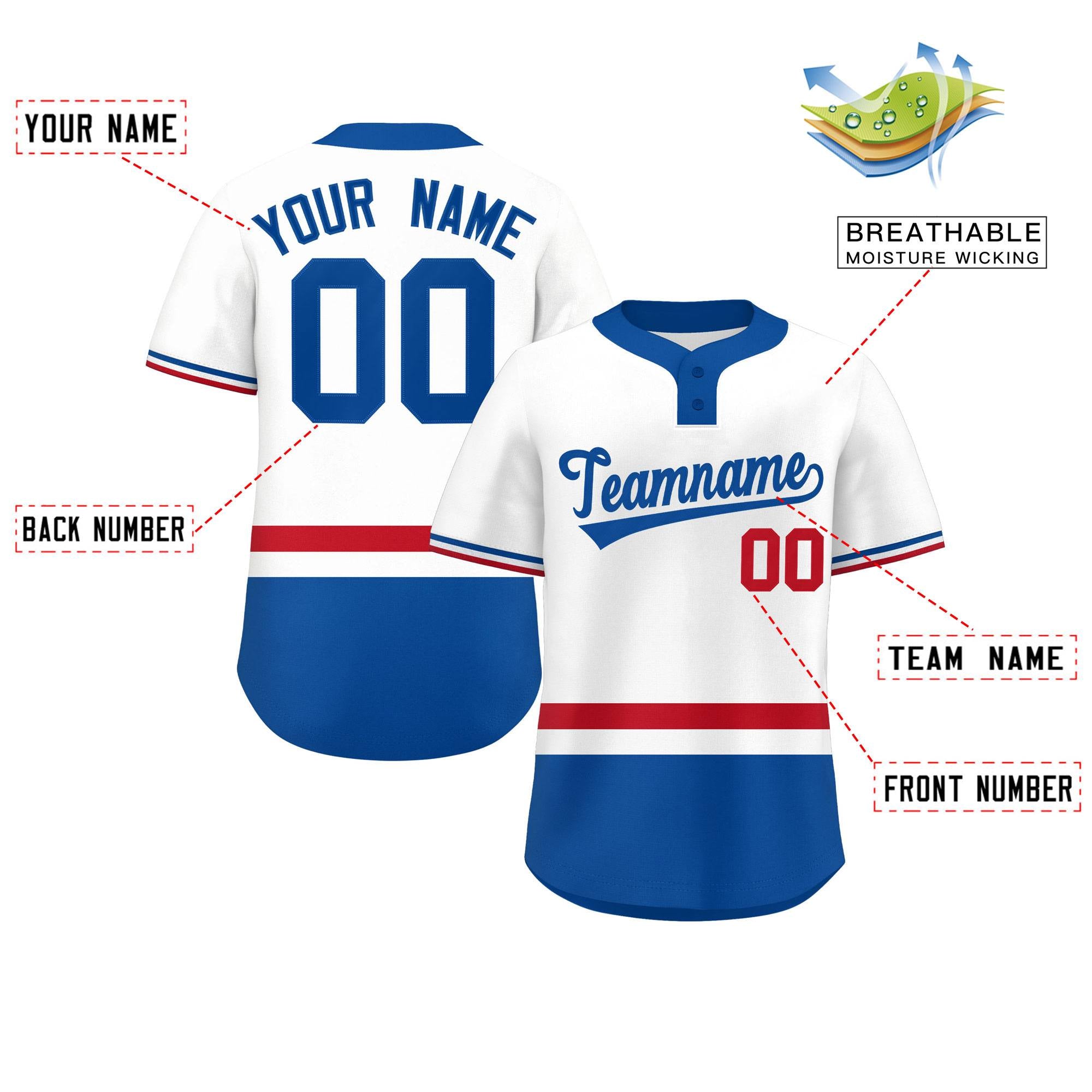 Custom White Red-Royal Color Block Personalized Authentic Two-Button Baseball Jersey