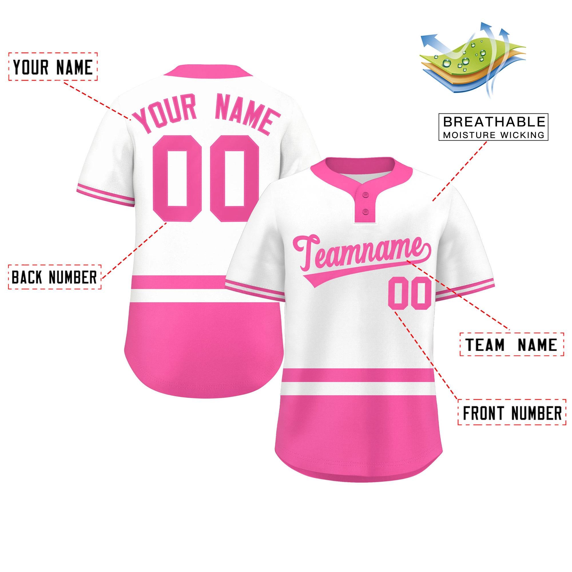 Custom White Pink Color Block Personalized Authentic Two-Button Baseball Jersey