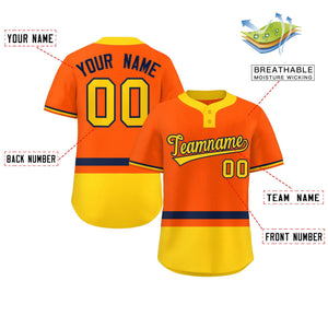 Custom Orange Navy-Gold Color Block Personalized Authentic Two-Button Baseball Jersey