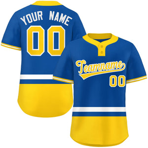 Custom Royal White-Gold Color Block Personalized Authentic Two-Button Baseball Jersey