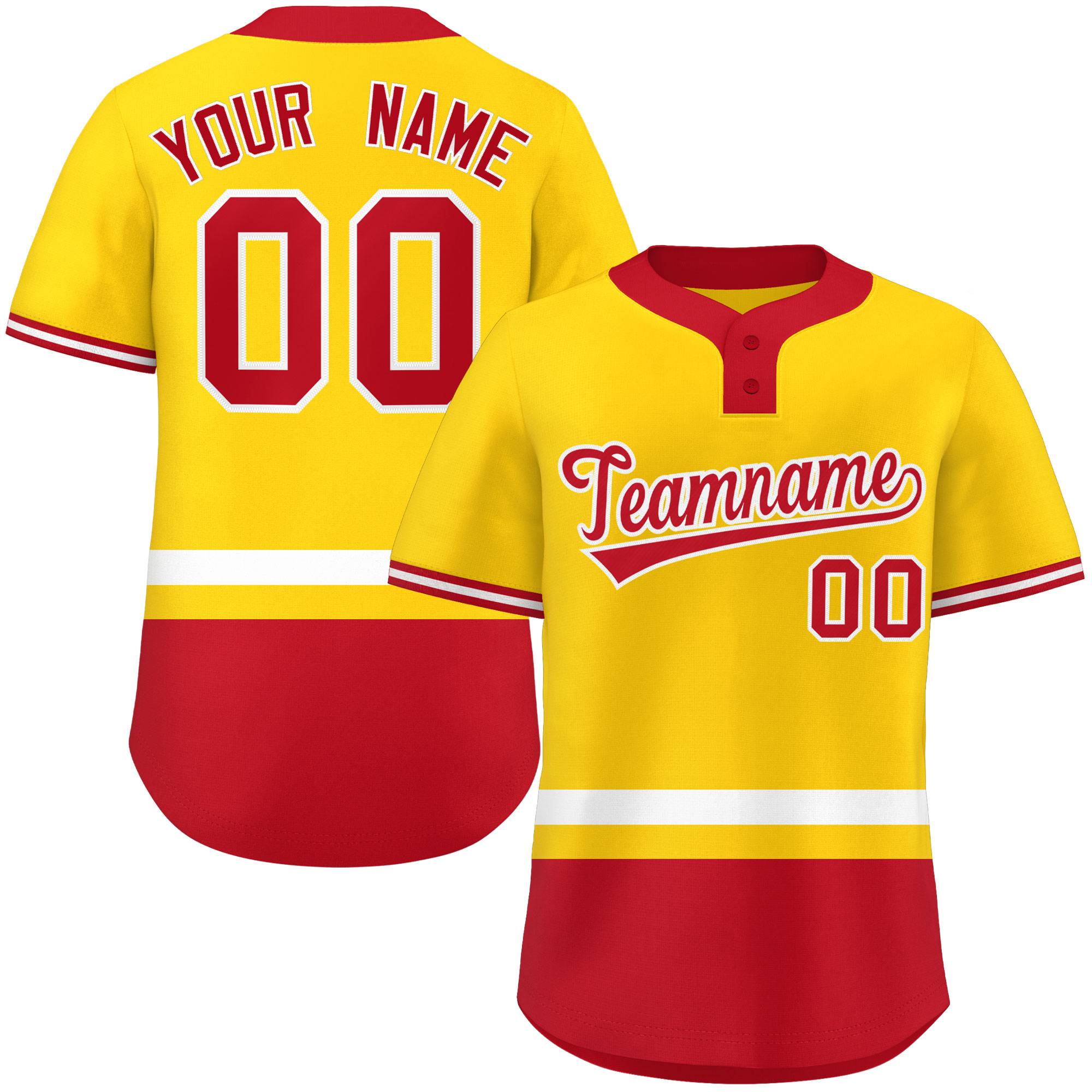 Custom Gold White-Red Color Block Personalized Authentic Two-Button Baseball Jersey