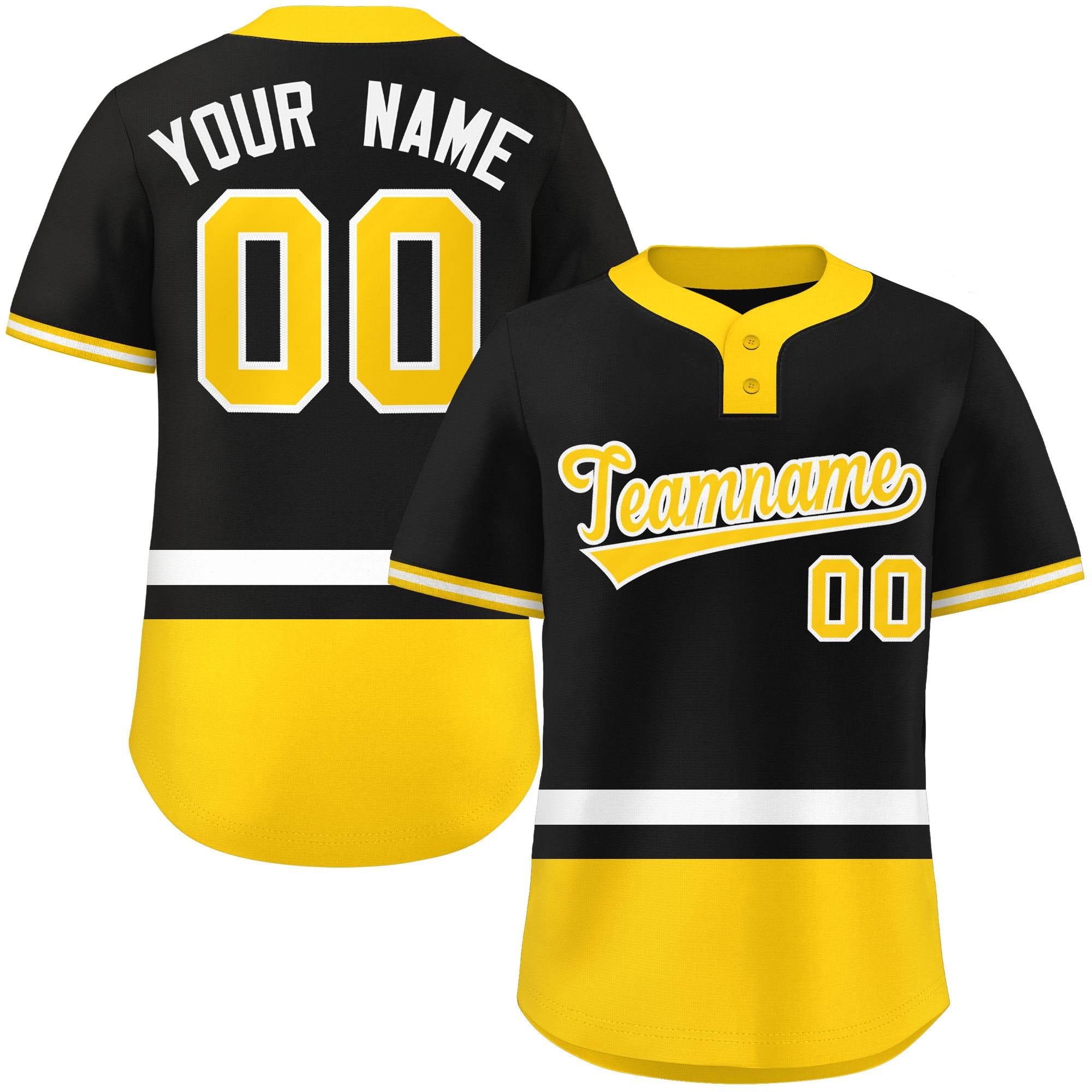 Custom Black White-Gold Color Block Personalized Authentic Two-Button Baseball Jersey