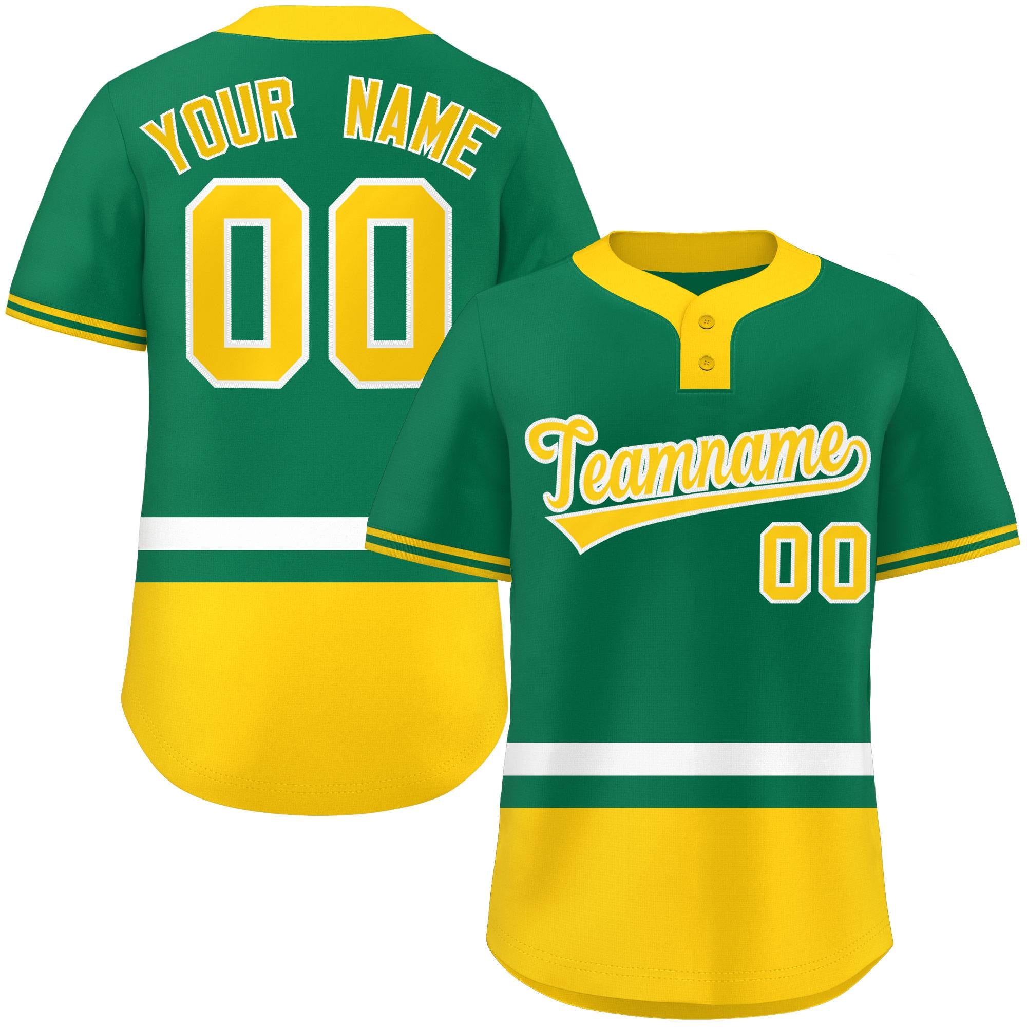 Custom Kelly Green White-Gold Color Block Personalized Authentic Two-Button Baseball Jersey