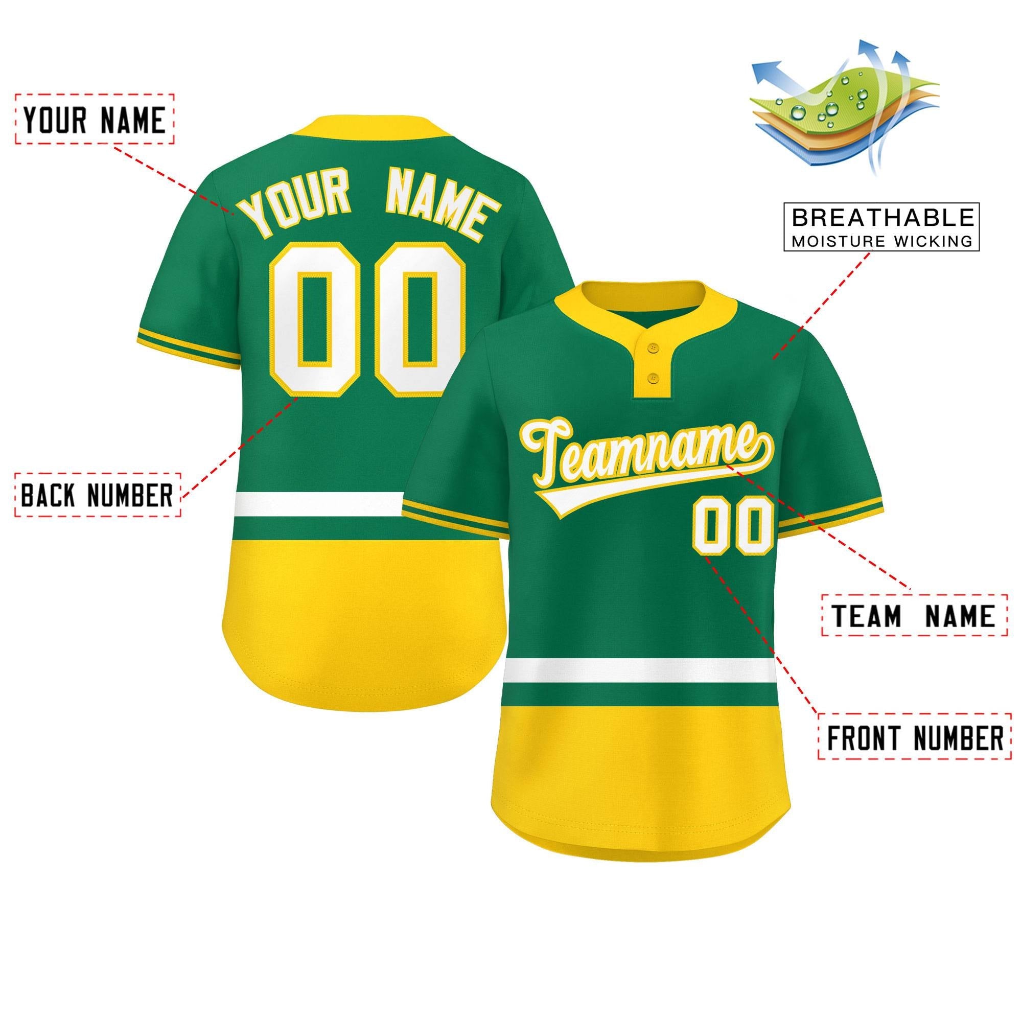 Custom Kelly Green White-Gold Color Block Personalized Authentic Two-Button Baseball Jersey