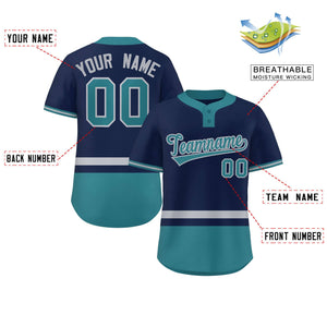 Custom Navy Gray-Aqua Color Block Personalized Authentic Two-Button Baseball Jersey