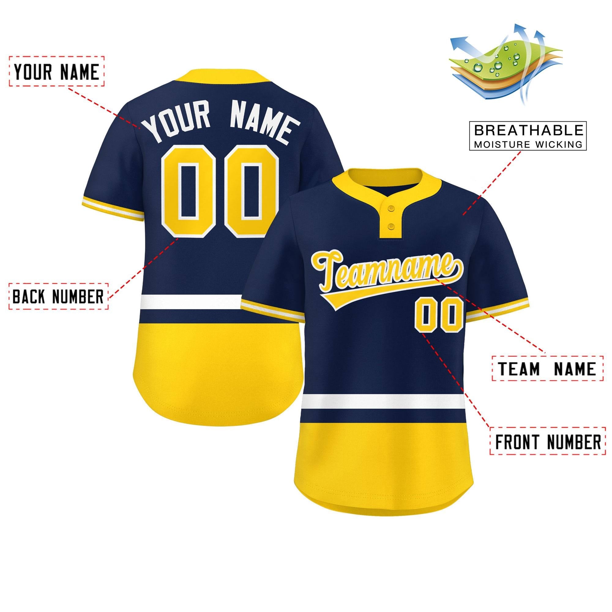 Custom Navy White-Gold Color Block Personalized Authentic Two-Button Baseball Jersey