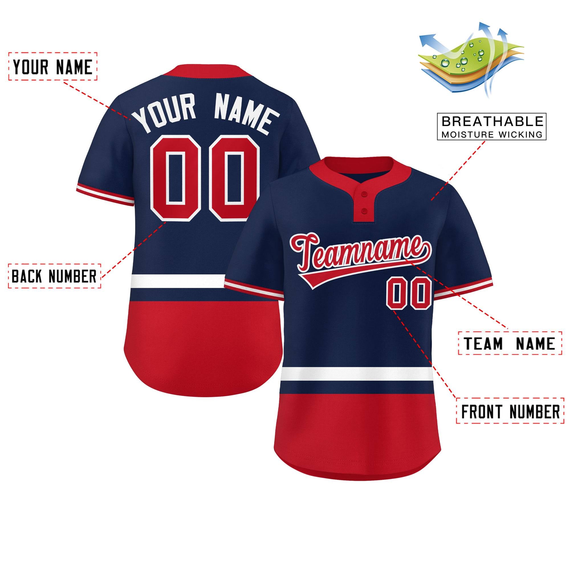 Custom Navy White-Red Color Block Personalized Authentic Two-Button Baseball Jersey