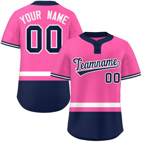 Custom Pink White-Navy Color Block Personalized Authentic Two-Button Baseball Jersey