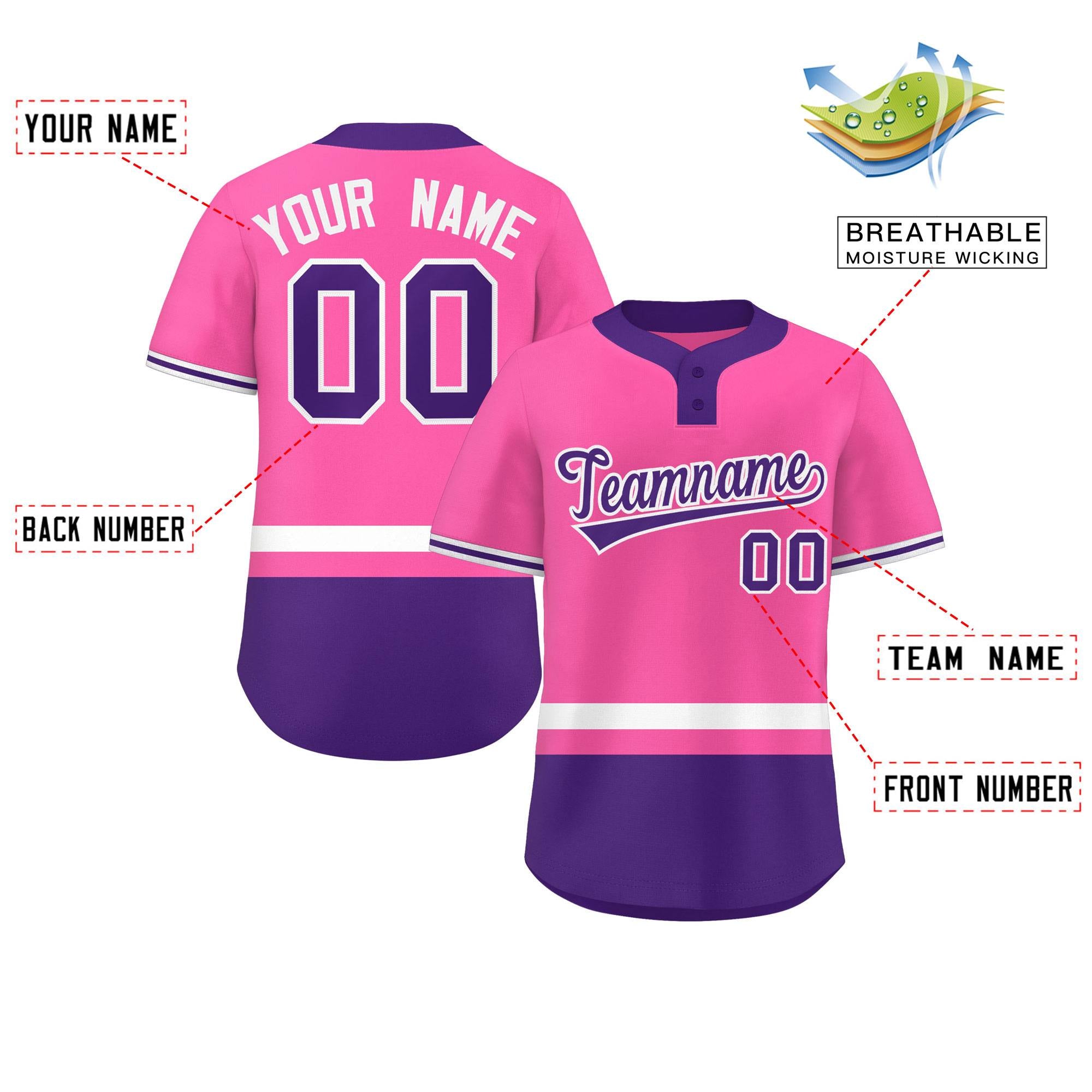 Custom Pink White-Purple Color Block Personalized Authentic Two-Button Baseball Jersey