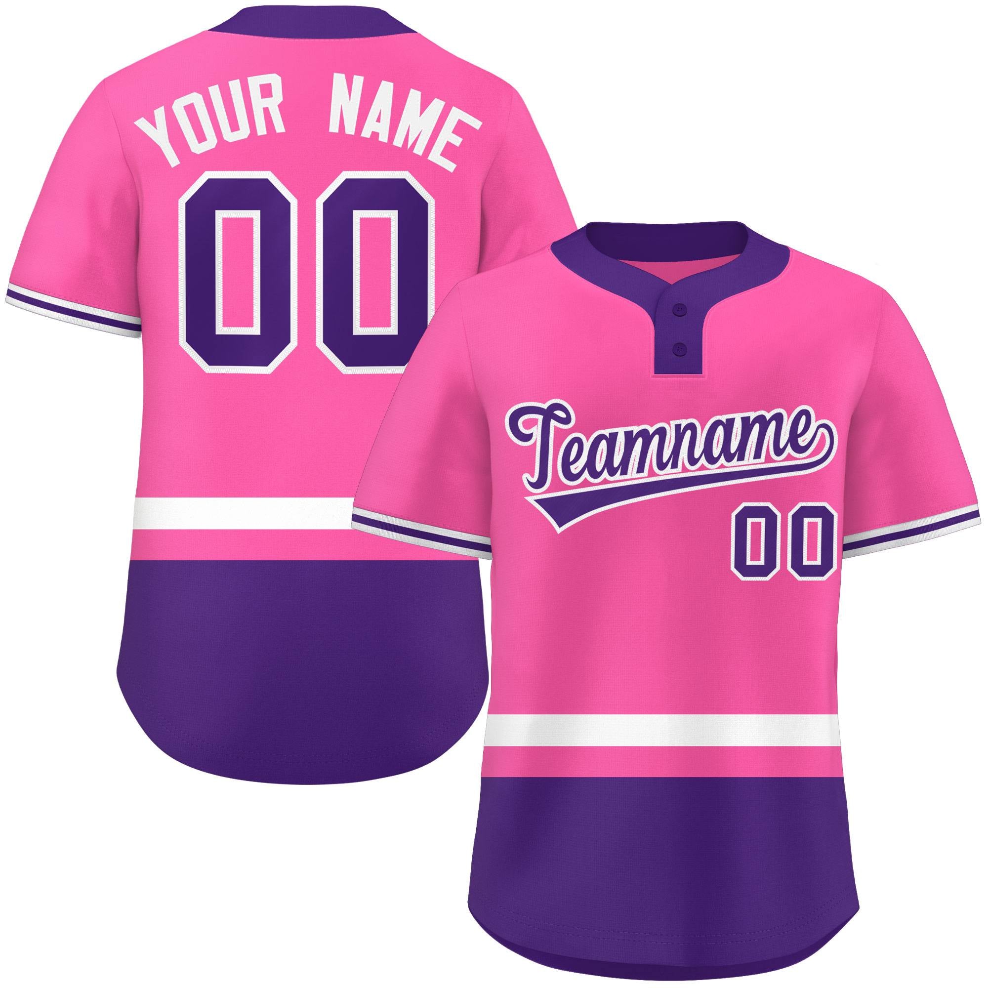 Custom Pink White-Purple Color Block Personalized Authentic Two-Button Baseball Jersey