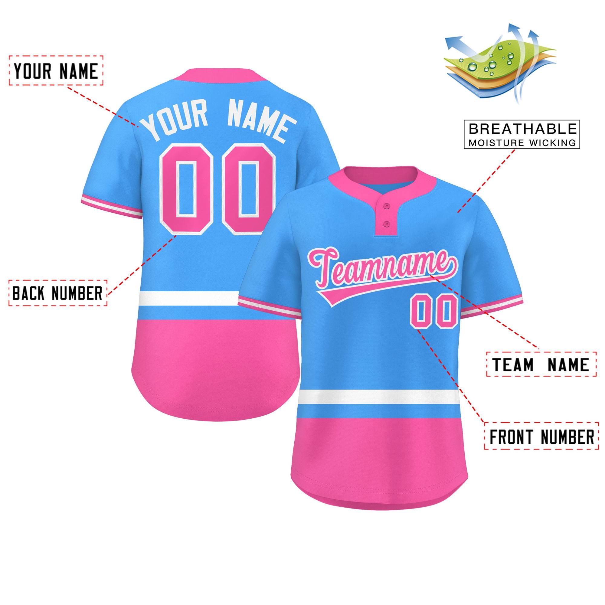 Custom Powder Blue White-Pink Color Block Personalized Authentic Two-Button Baseball Jersey