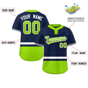 Custom Navy White-Neon Green Color Block Personalized Authentic Two-Button Baseball Jersey