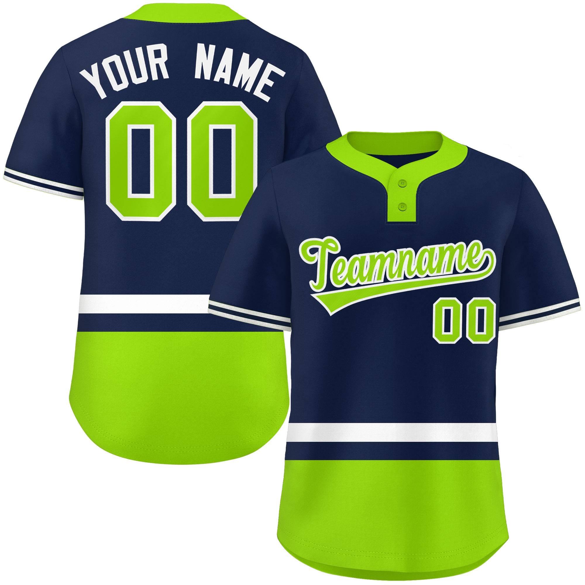 Custom Navy White-Neon Green Color Block Personalized Authentic Two-Button Baseball Jersey