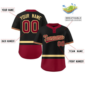 Custom Black Khaki-Crimson Color Block Personalized Authentic Two-Button Baseball Jersey