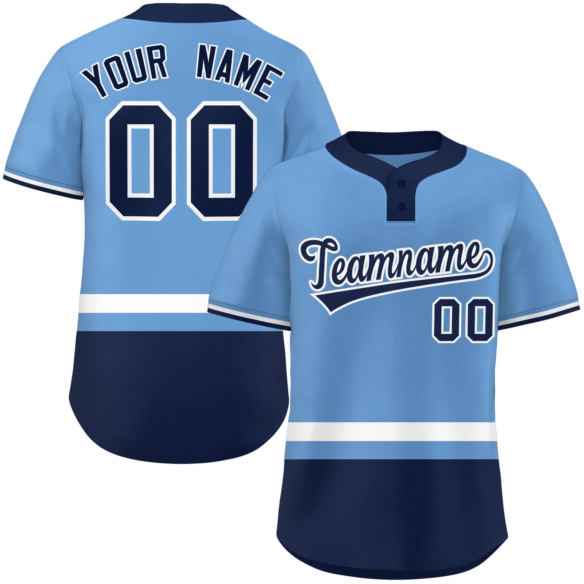 Custom Light Blue White-Navy Color Block Personalized Authentic Two-Button Baseball Jersey