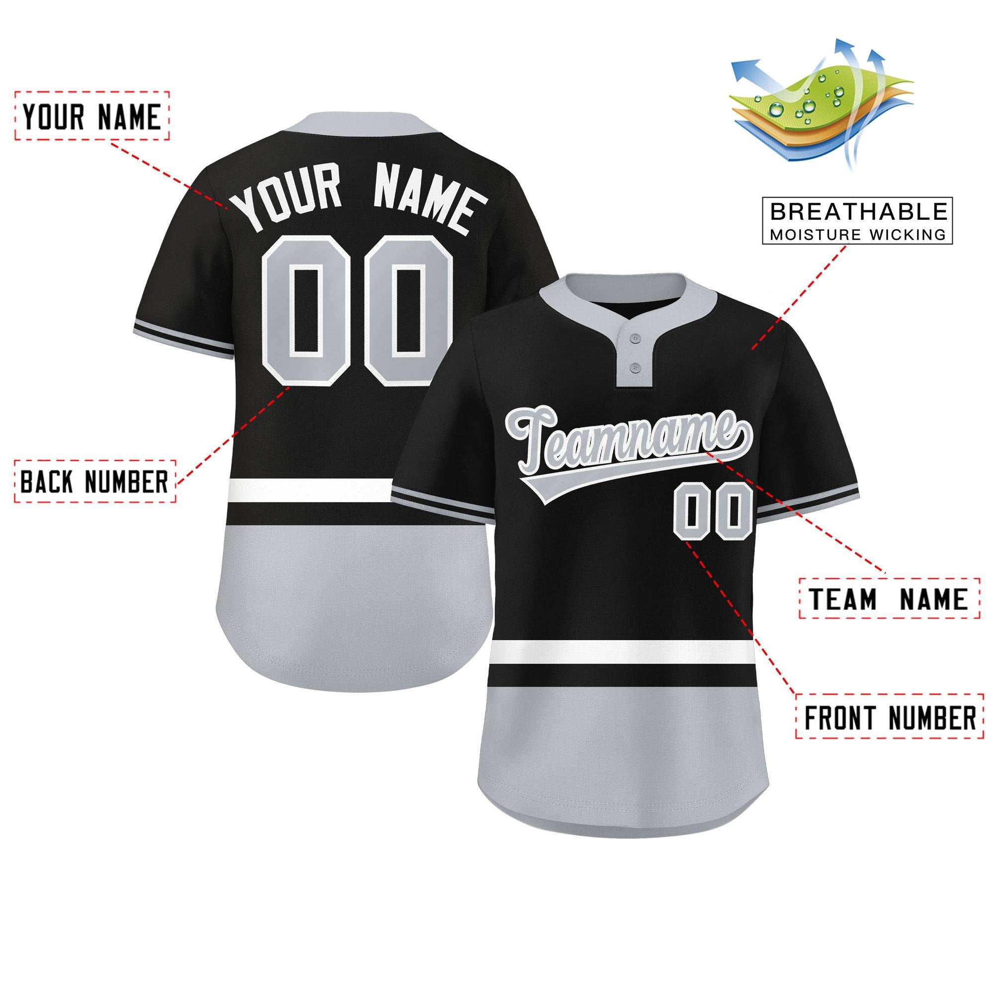 Custom Black White-Gray Color Block Personalized Authentic Two-Button Baseball Jersey