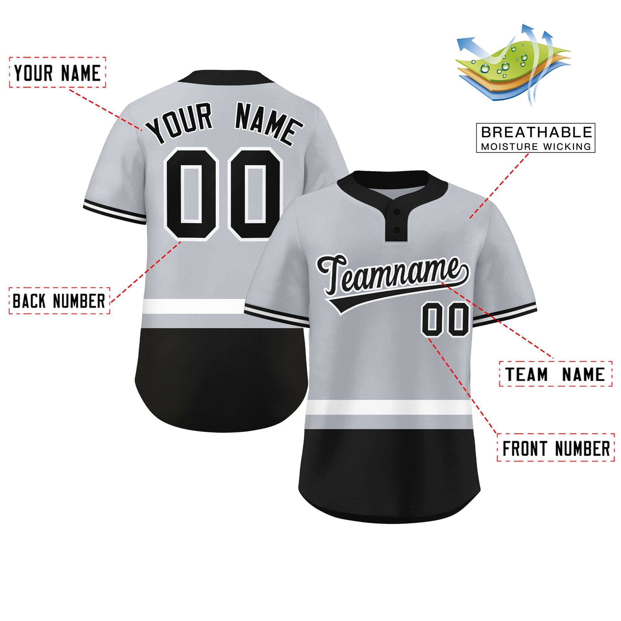 Custom Gray White-Black Color Block Personalized Authentic Two-Button Baseball Jersey