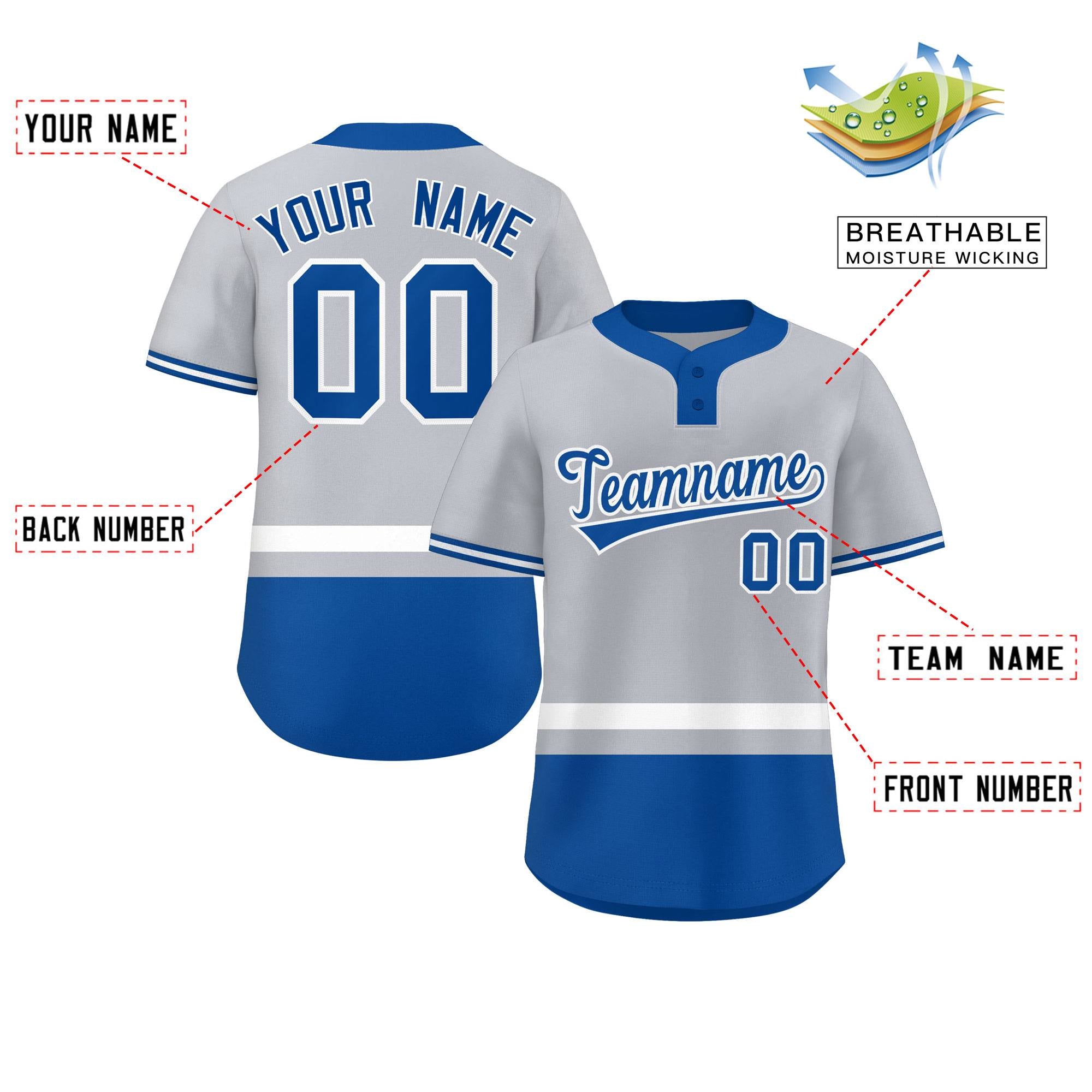 Custom Gray White-Royal Color Block Personalized Authentic Two-Button Baseball Jersey