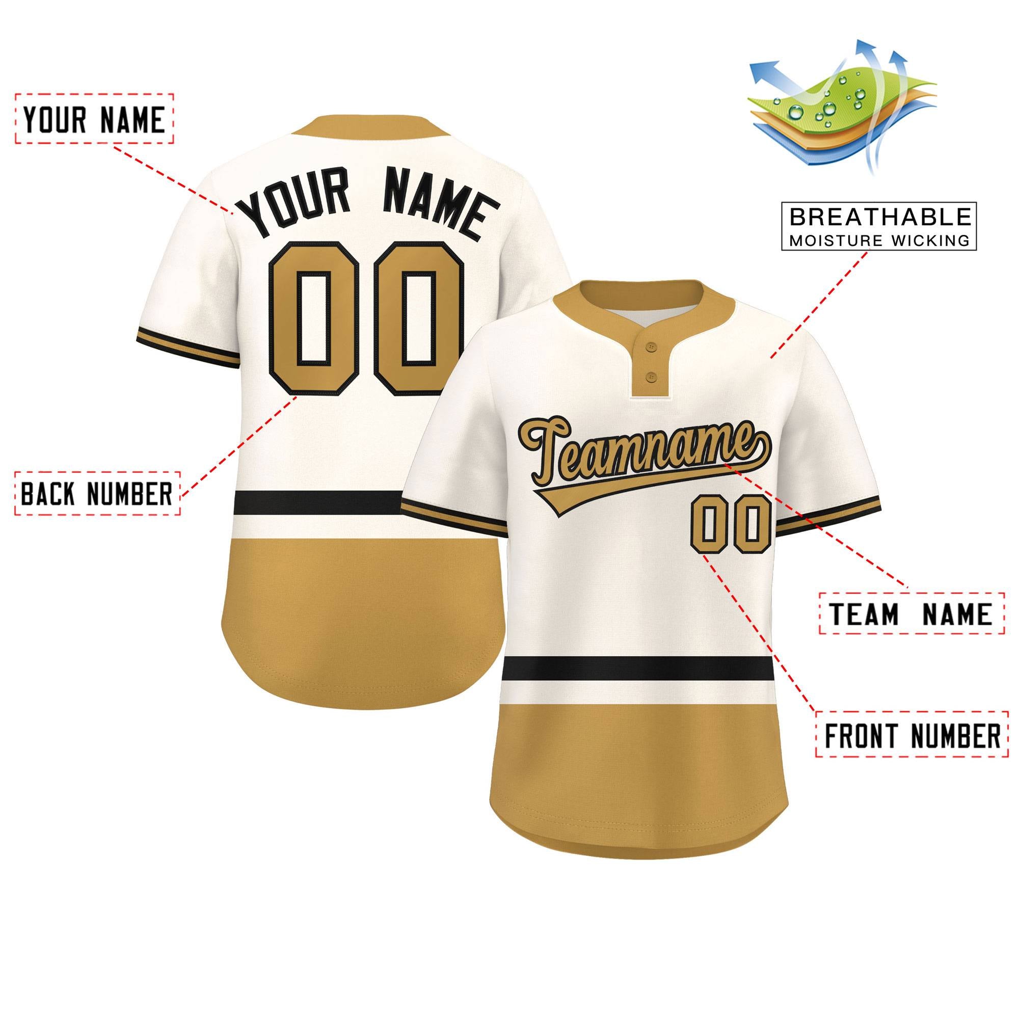 Custom Cream Black-Old Gold Color Block Personalized Authentic Two-Button Baseball Jersey