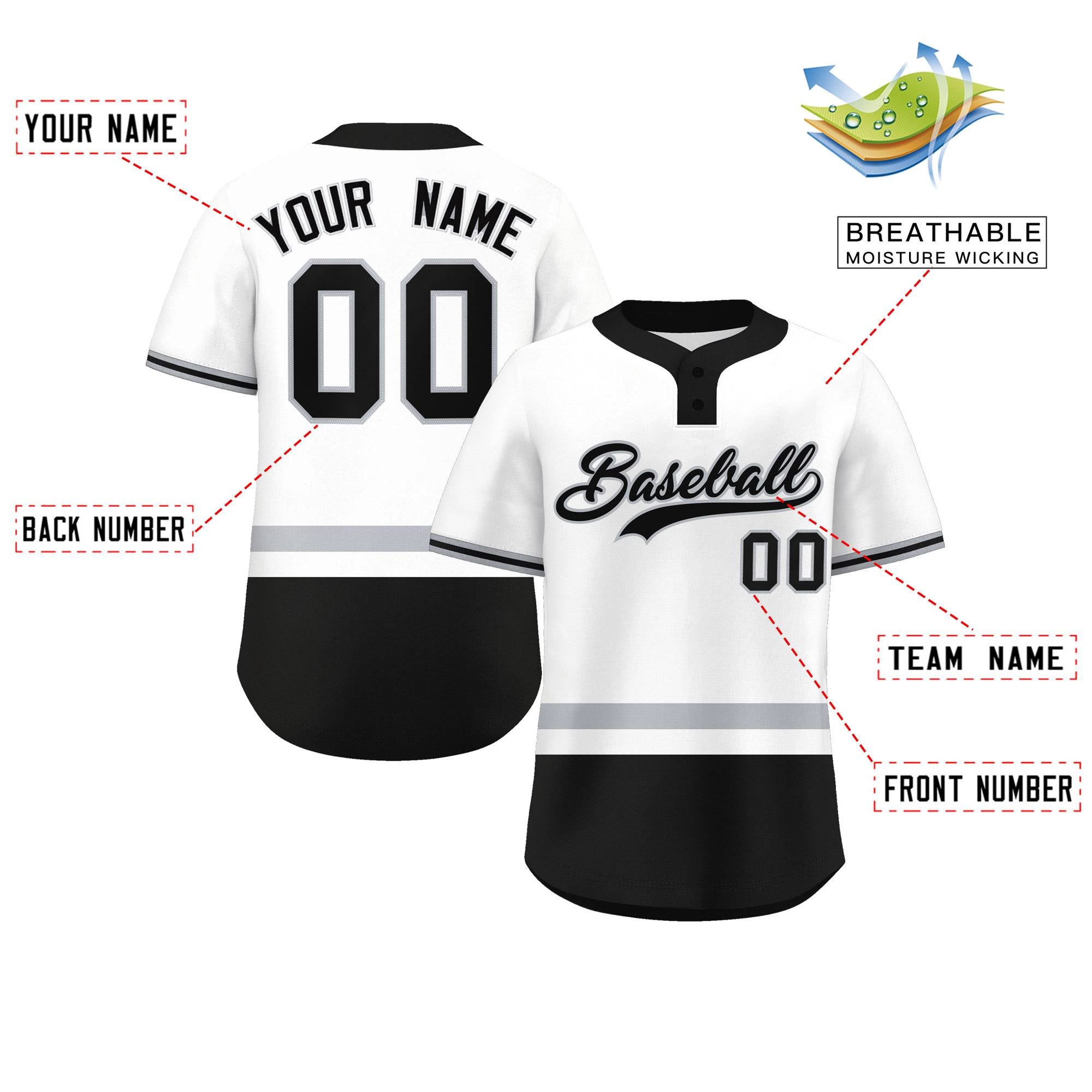 Custom White Gray-Black Color Block Personalized Authentic Two-Button Baseball Jersey