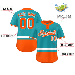 Custom Aqua White-Orange Color Block Personalized Authentic Two-Button Baseball Jersey