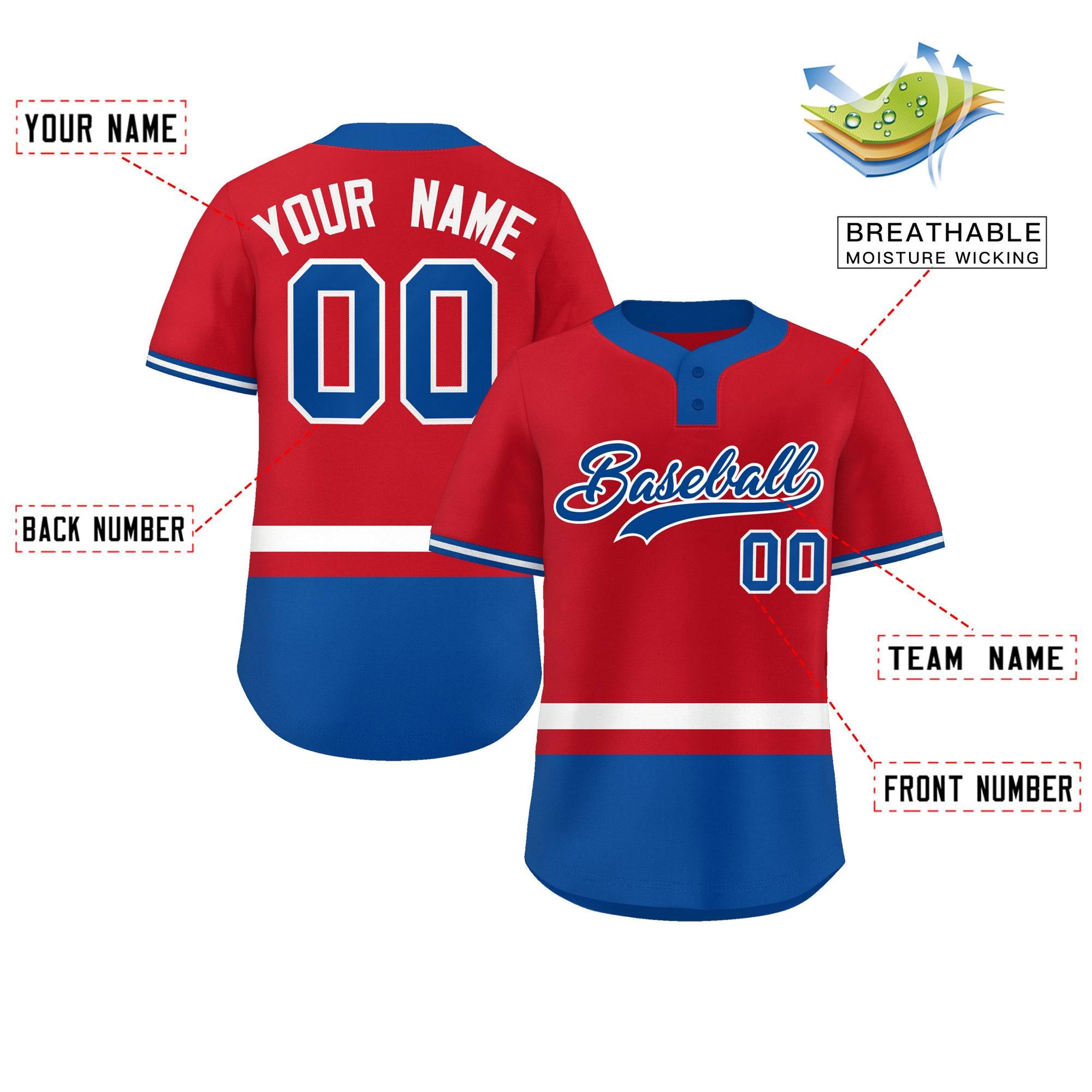 Custom Red White-Royal Color Block Personalized Authentic Two-Button Baseball Jersey