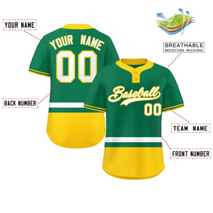 Custom Kelly Green White-Gold Color Block Personalized Authentic Two-Button Baseball Jersey