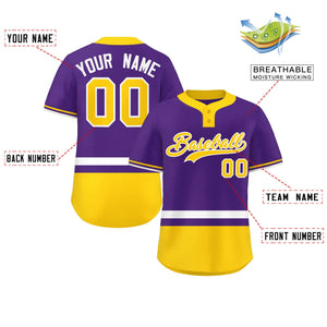 Custom Purple White-Gold Color Block Personalized Authentic Two-Button Baseball Jersey