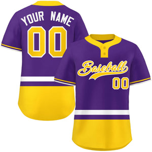 Custom Purple White-Gold Color Block Personalized Authentic Two-Button Baseball Jersey