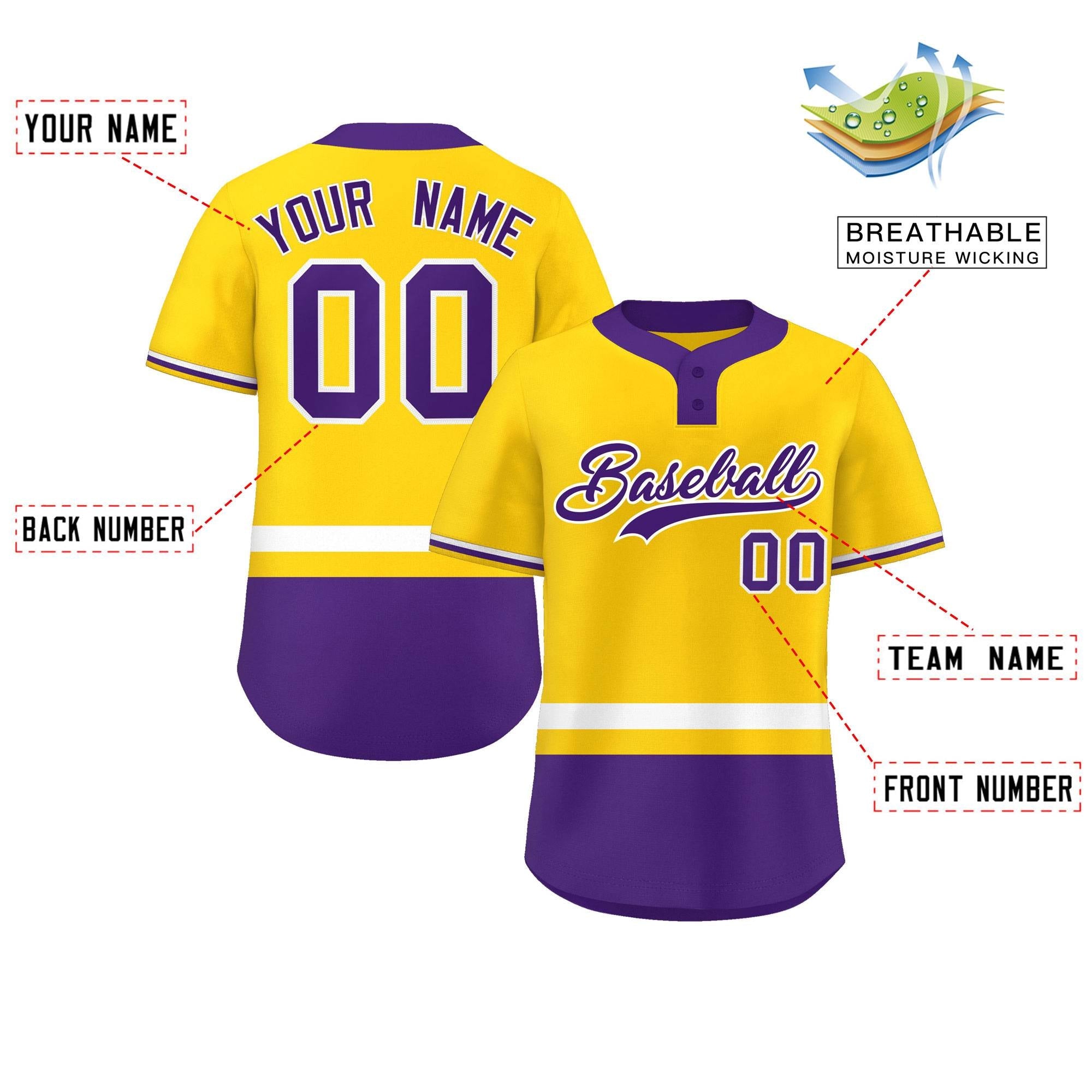 Custom Gold White-Purple Color Block Personalized Authentic Two-Button Baseball Jersey