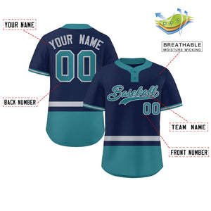 Custom Navy Gray-Aqua Color Block Personalized Authentic Two-Button Baseball Jersey