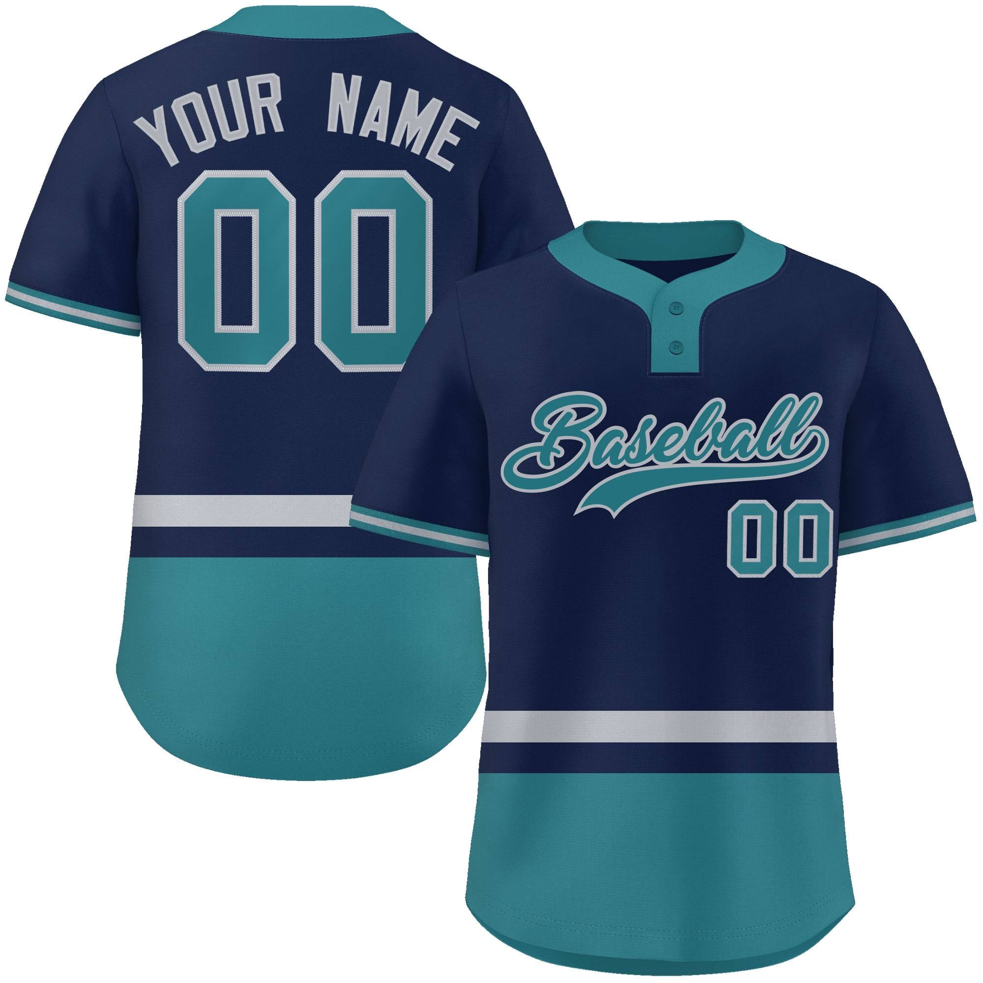 Custom Navy Gray-Aqua Color Block Personalized Authentic Two-Button Baseball Jersey