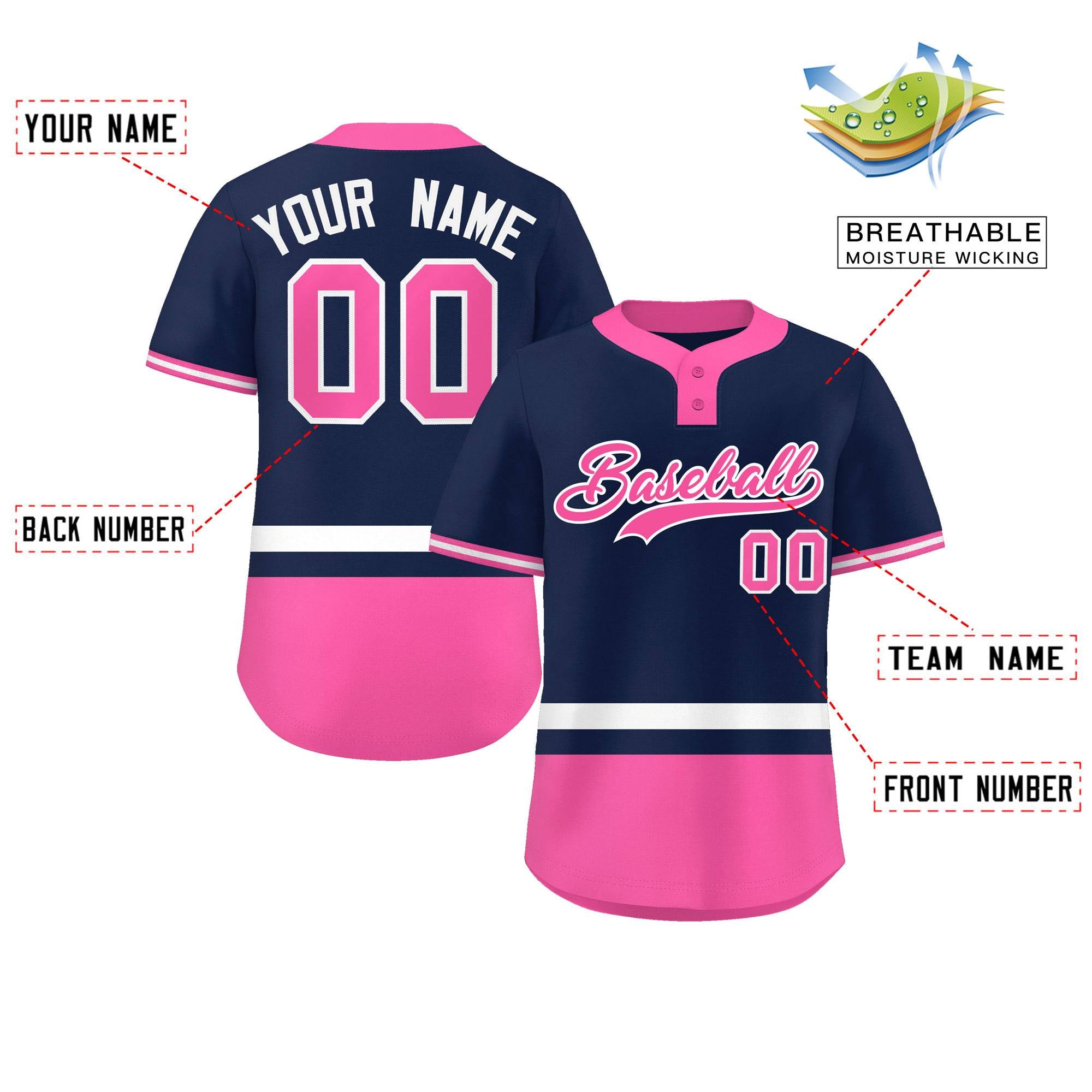 Custom Navy White-Pink Color Block Personalized Authentic Two-Button Baseball Jersey