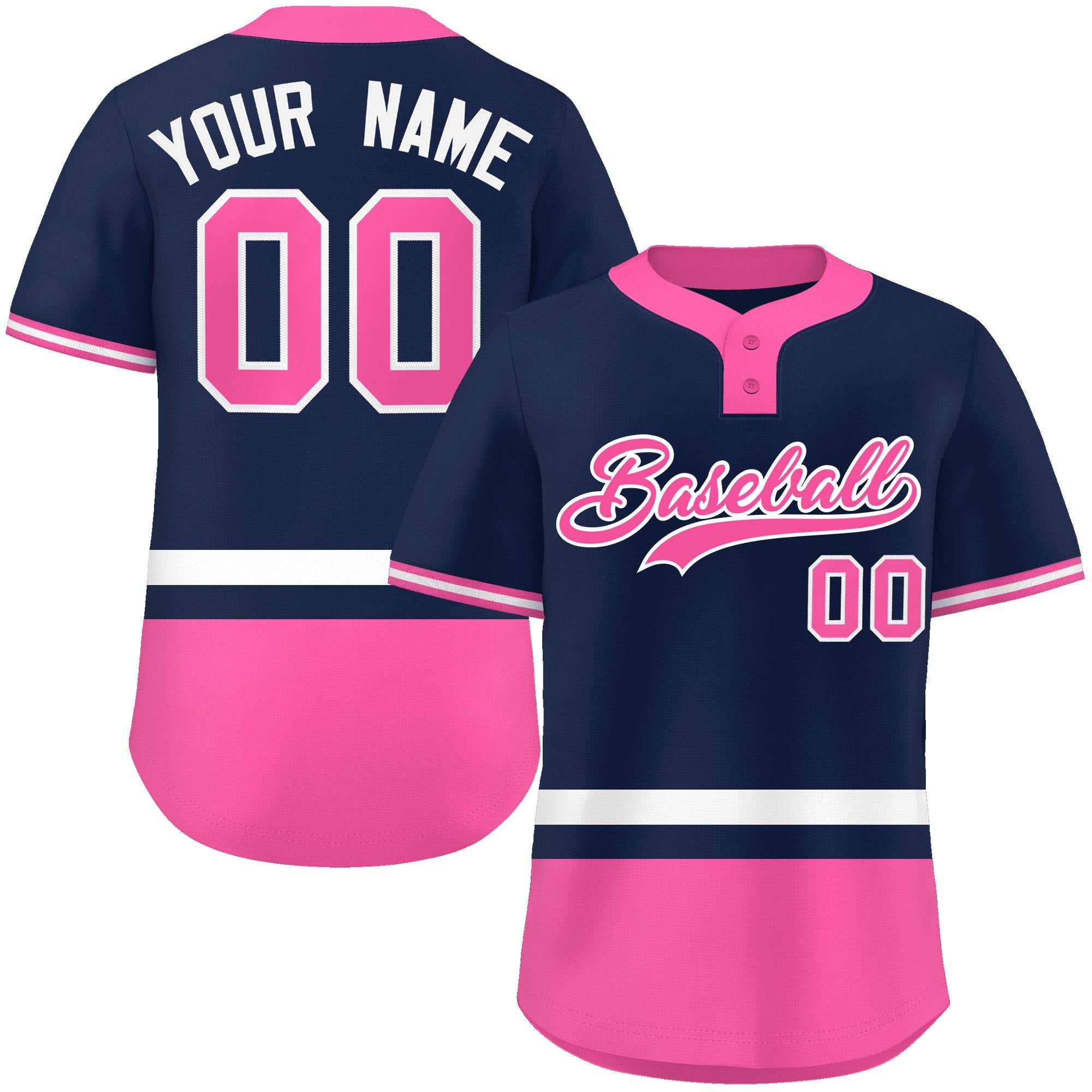 Custom Navy White-Pink Color Block Personalized Authentic Two-Button Baseball Jersey