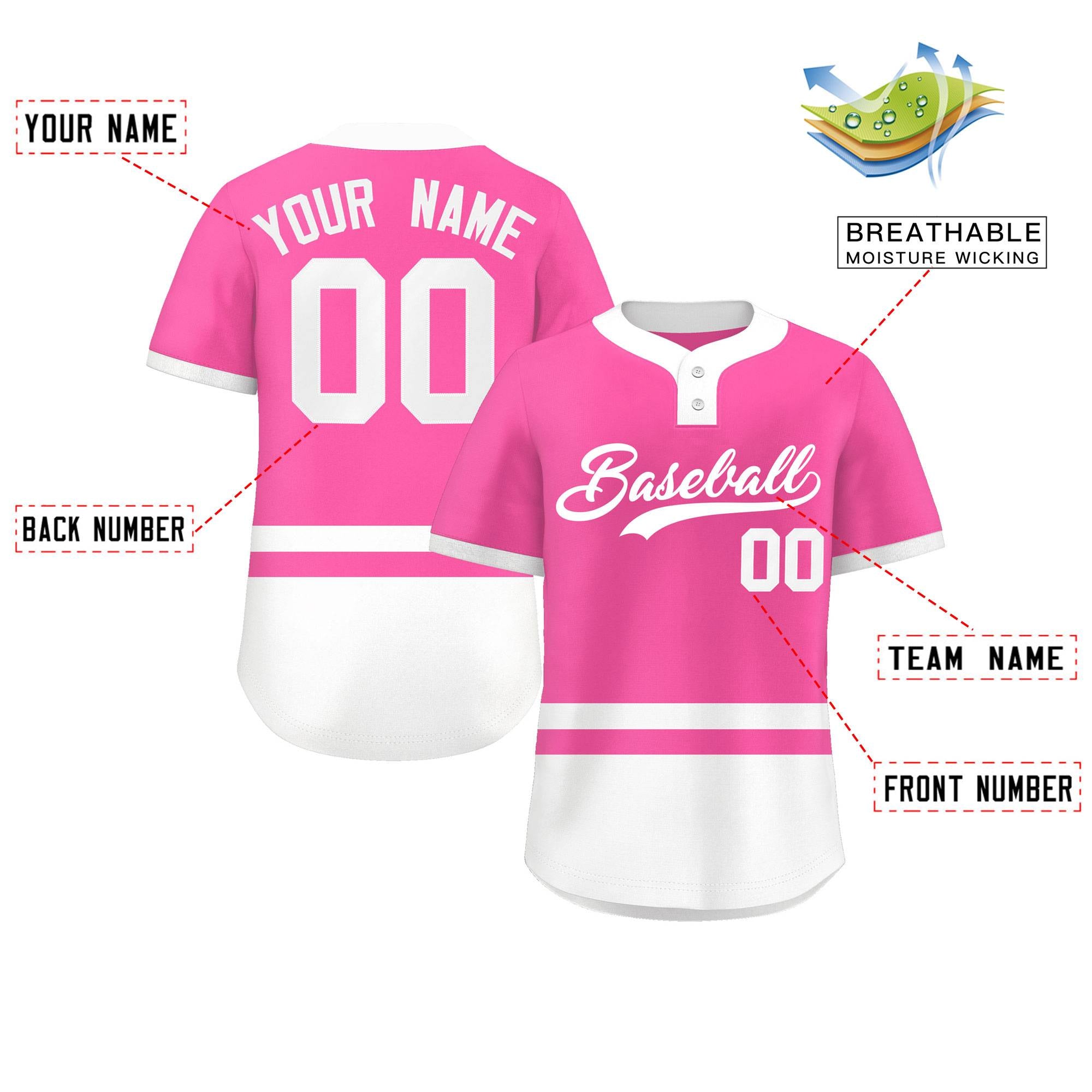 Custom Pink White Color Block Personalized Authentic Two-Button Baseball Jersey