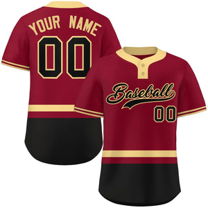 Custom Crimson Khaki-Black Color Block Personalized Authentic Two-Button Baseball Jersey