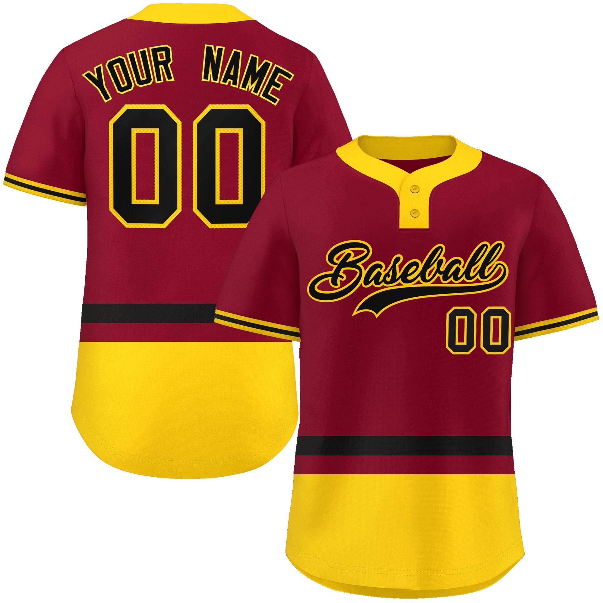 Custom Crimson Black-Gold Color Block Personalized Authentic Two-Button Baseball Jersey