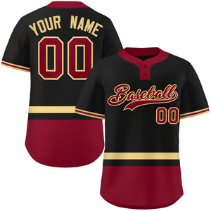 Custom Black Khaki-Crimson Color Block Personalized Authentic Two-Button Baseball Jersey