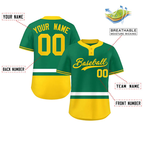 Custom Kelly Green White-Gold Color Block Personalized Authentic Two-Button Baseball Jersey