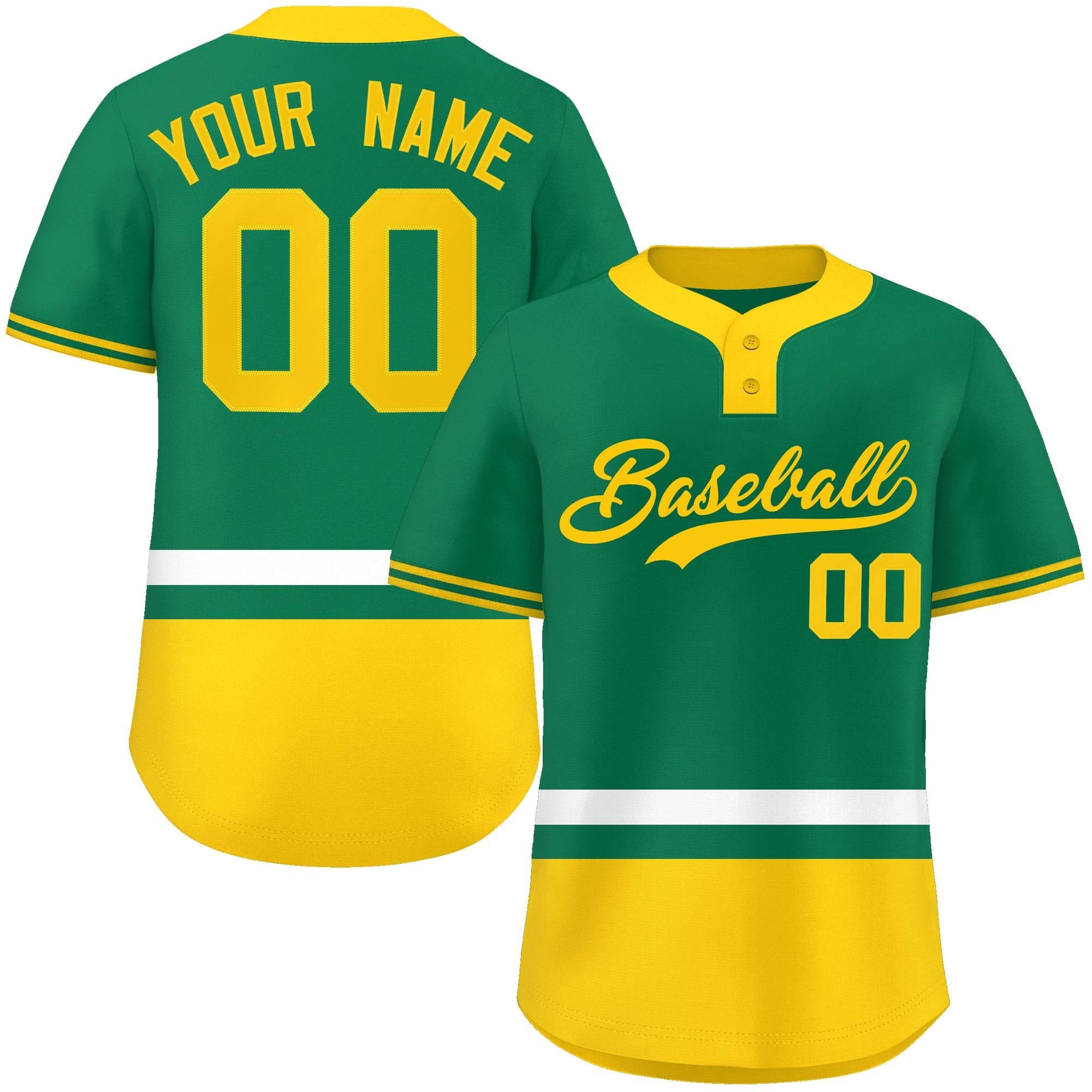 Custom Kelly Green White-Gold Color Block Personalized Authentic Two-Button Baseball Jersey